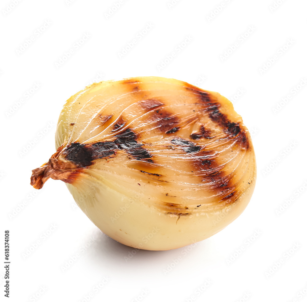 Tasty grilled onion piece on white background