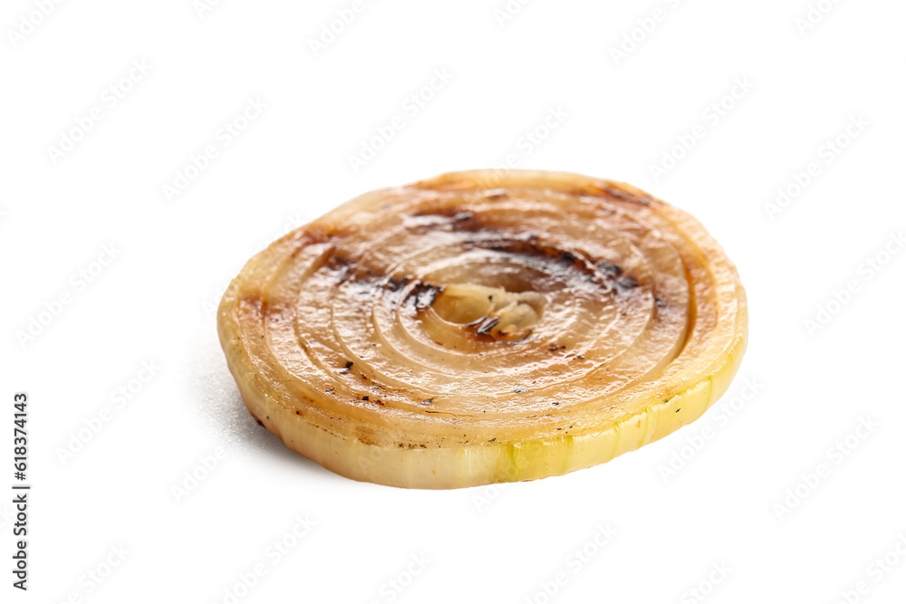 Tasty grilled onion slice on white background