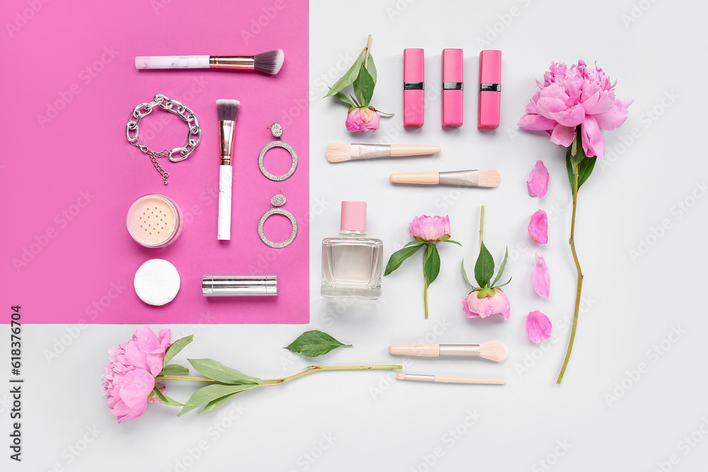 Composition with female accessories, cosmetics, makeup brushes and peony flowers on color background