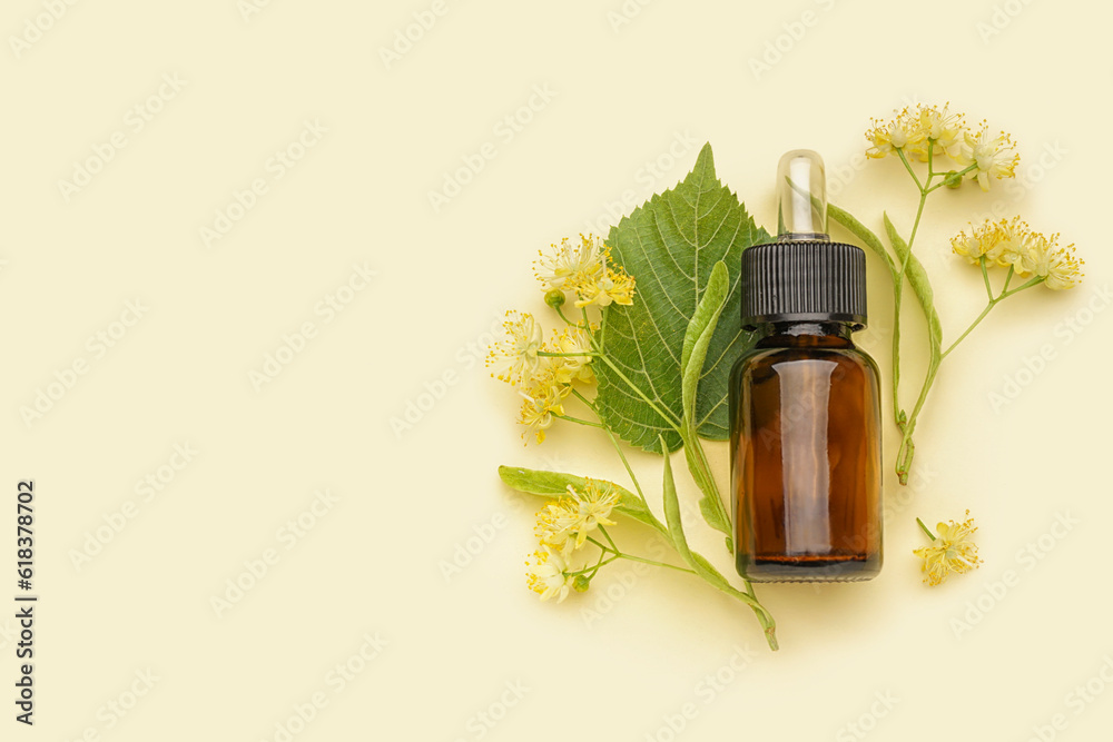 Bottle of essential oil and fresh linden flowers on color background