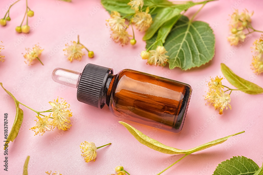 Bottle of essential oil and fresh linden flowers on pink background