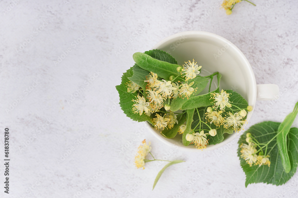 Cup of fresh linden flowers on light background