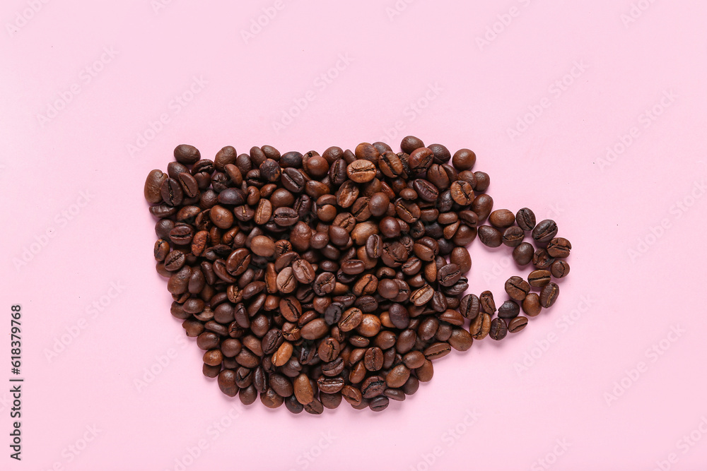 Cup of coffee made of beans on pink background