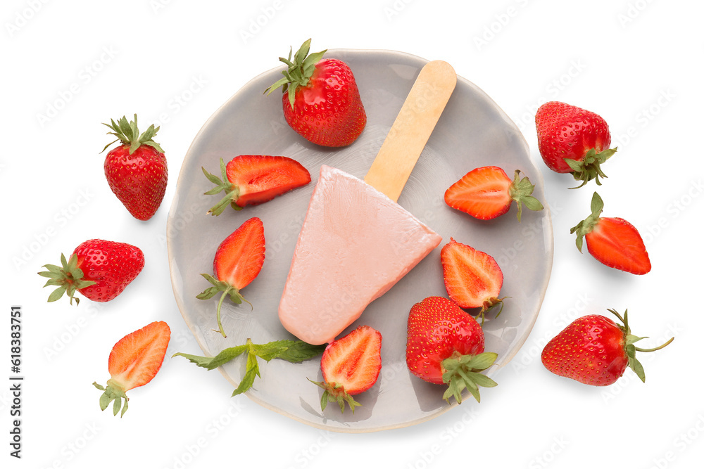 Plate with sweet strawberry ice-cream popsicle on white background