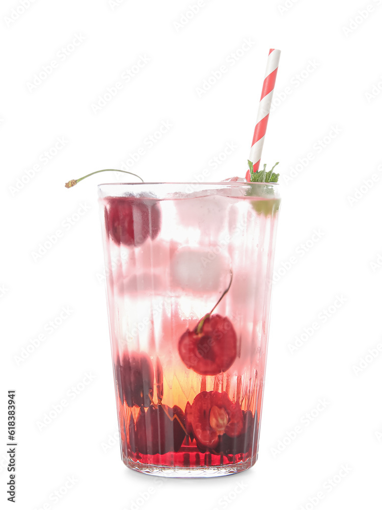 Glass of tasty cherry lemonade on white background