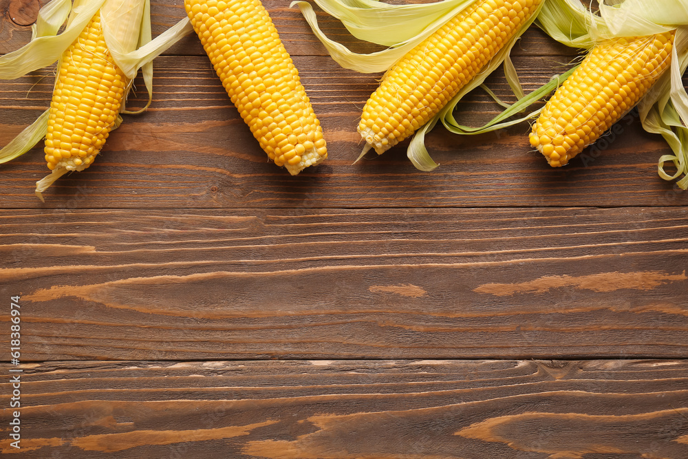 Fresh corn cobs on wooden background