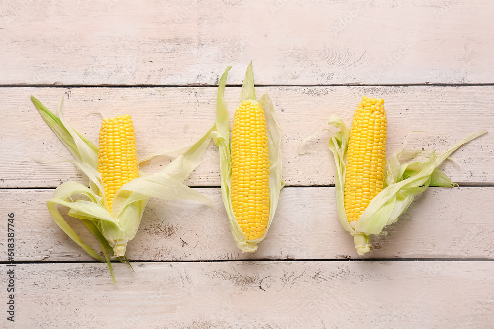 Fresh corn cobs on white wooden background