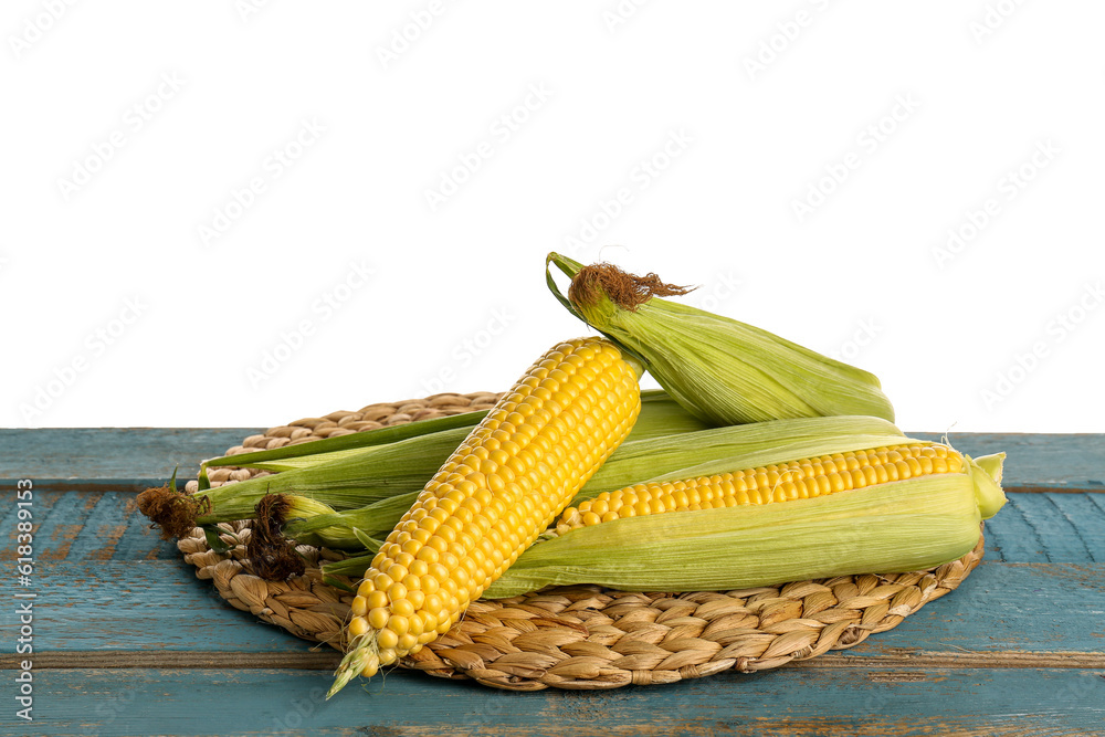 Fresh corn cobs on blue wooden table against white background