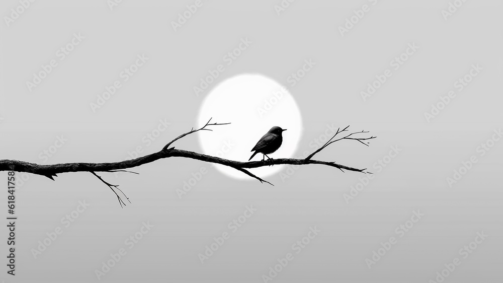 Silhouette of a bird sitting on a branch in front of the moon.