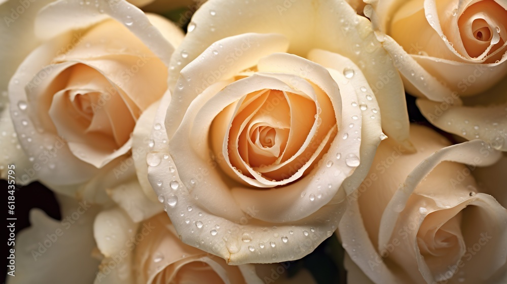 Creamy Roses flowers with water drops background. Closeup of blossom with glistening droplets. Gener