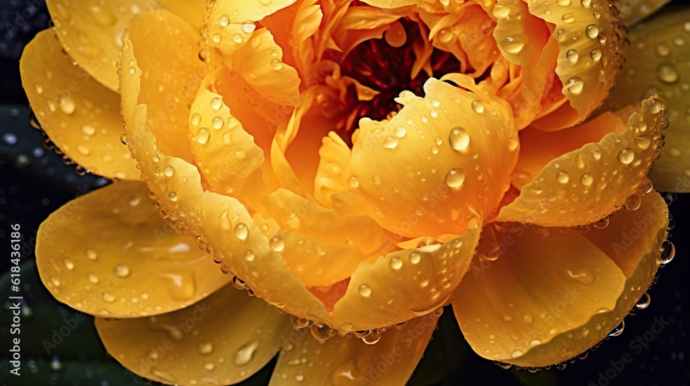 Yellow Peony flowers with water drops background. Closeup of blossom with glistening droplets. Gener