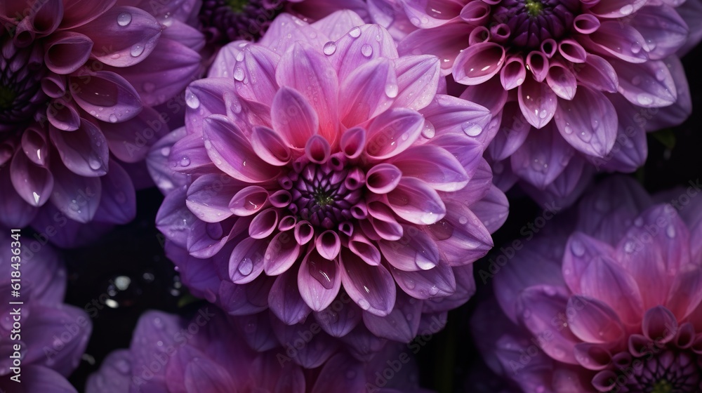 Purple Dahlia flowers with water drops background. Closeup of delicate blossom with glistening dropl