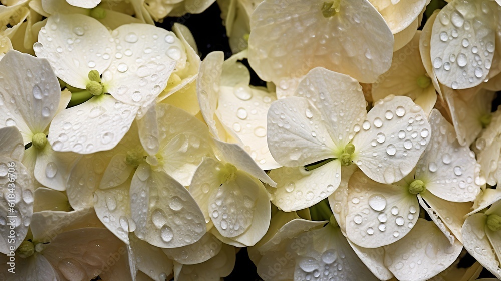 Creamy Hydrangeas flowers with water drops background. Closeup of blossom with glistening droplets. 