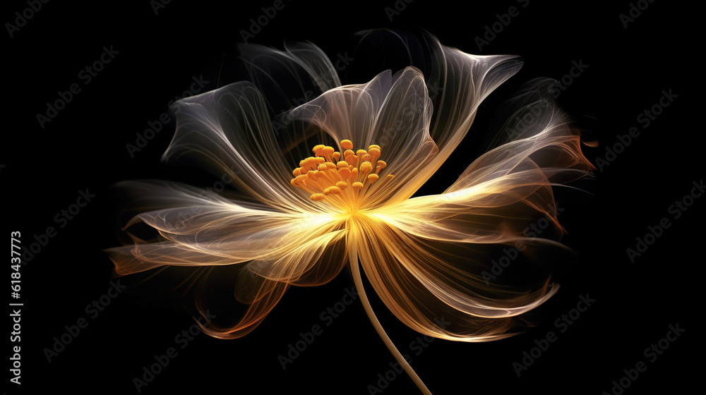 Golden x-ray image of a ethereal flower on black. Fantasy mystical blossom. Generative AI