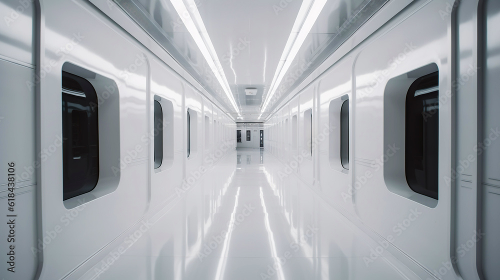 White abstract futuristic tunnel with neon lines. Generative AI