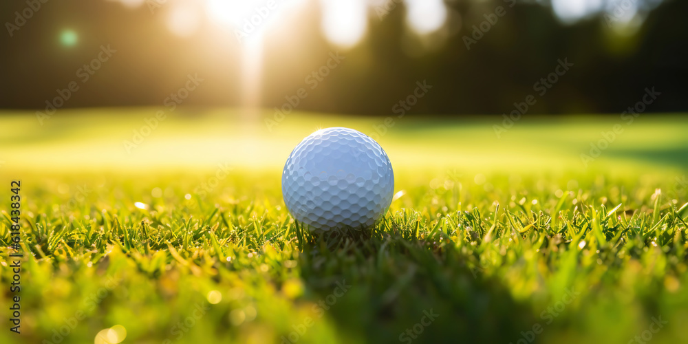 Close-up of golf ball on green grass of golf course, sunny day, blurred backdrop. Generative AI