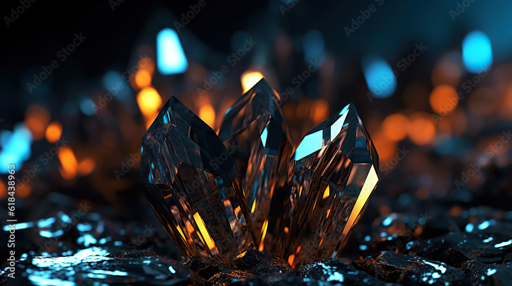 Amazing bright and shiny Obsidian crystal cluster background. Jewel mineral detailed macro. Generati