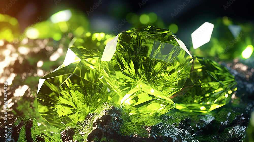 Amazing bright and shiny Olivine crystal cluster background. Jewel mineral detailed macro. Generativ