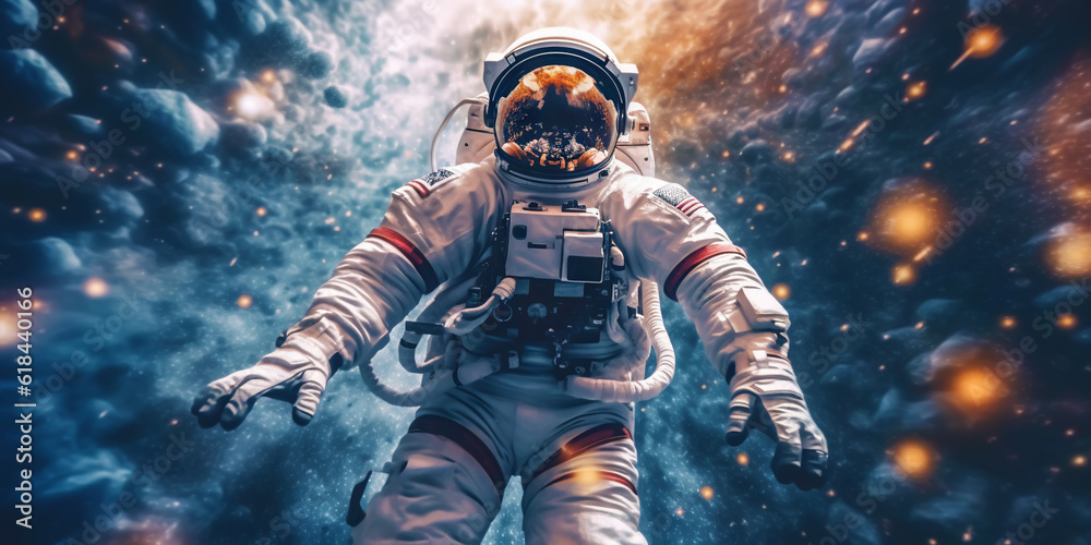 Portrait of astronaut floating in space with a asteroids, space rocks, burning sparks on backdrop. G