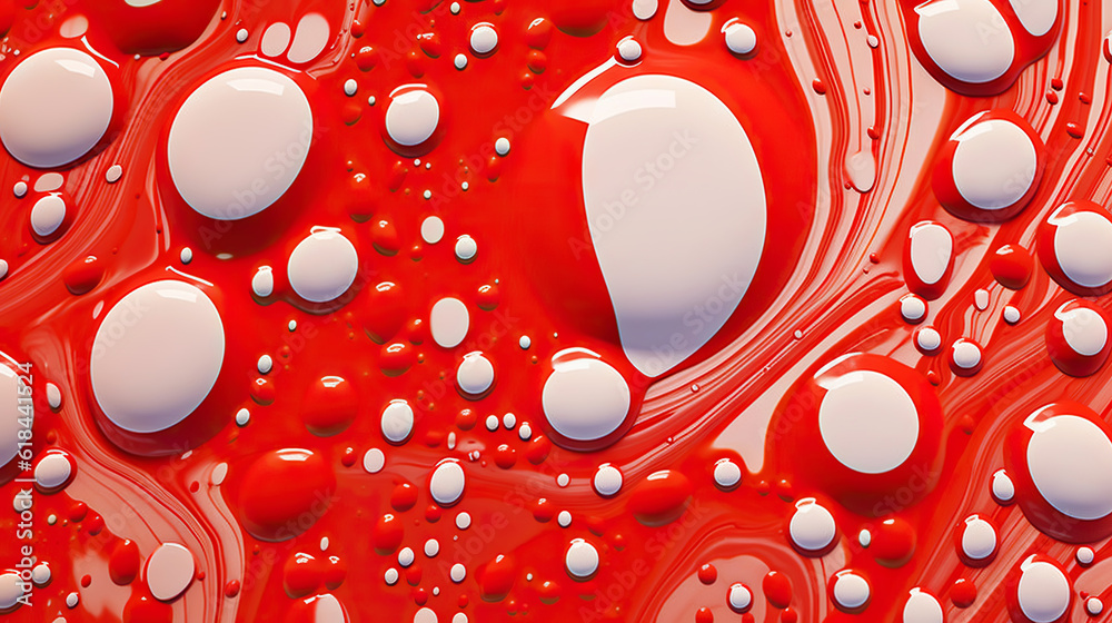 Abstract white paint drops mixed in red oil background. Non-mixing fluids pattern. Generative AI