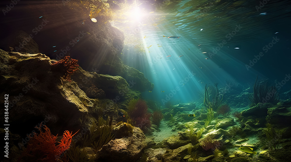 Underwater sunlight through the water surface seen from a rocky seabed with algae. Generative AI