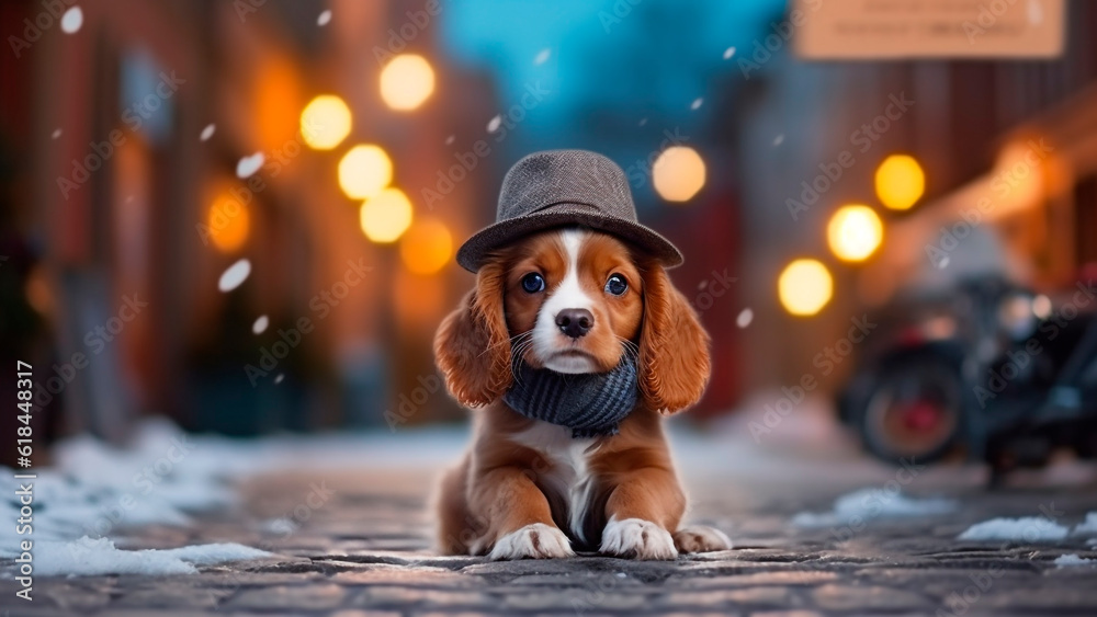 A cute Cavalier King Charles Spaniel puppy dog wearing a hat and scarf on blurred a snowy street bac