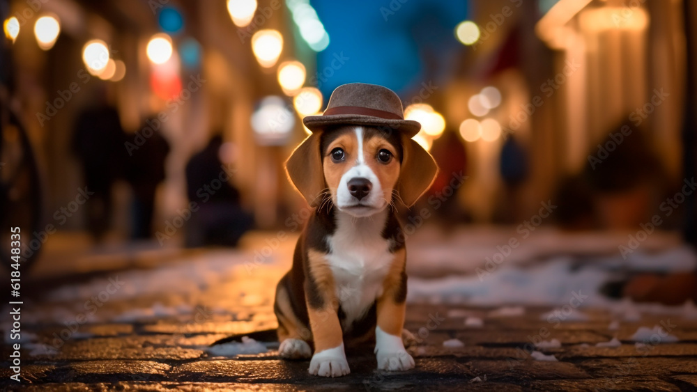 A cute Beagle puppy dog wearing a hat on blurred a snowy street background.