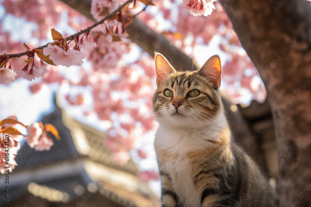 generated ai template collage of adorable cute feline cat rest relax under blossom cherry tree outdo