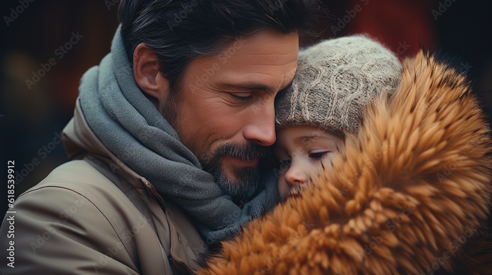 Close up portrait of happy young father hugging and kissing his sweet adorable child, Love and baby 