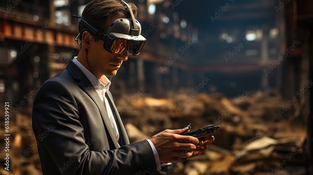 Man in formal clothes is playing VR game in the building On the construction site.