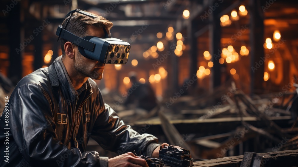 Man in formal clothes is playing VR game in the building On the construction site.