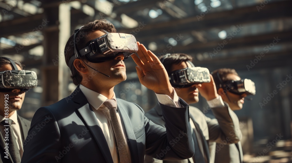 Man in formal clothes is playing VR game in the building On the construction site.