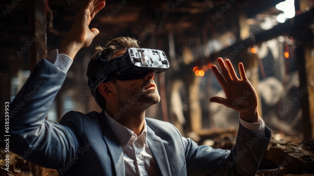 Man in formal clothes is playing VR game in the building On the construction site.