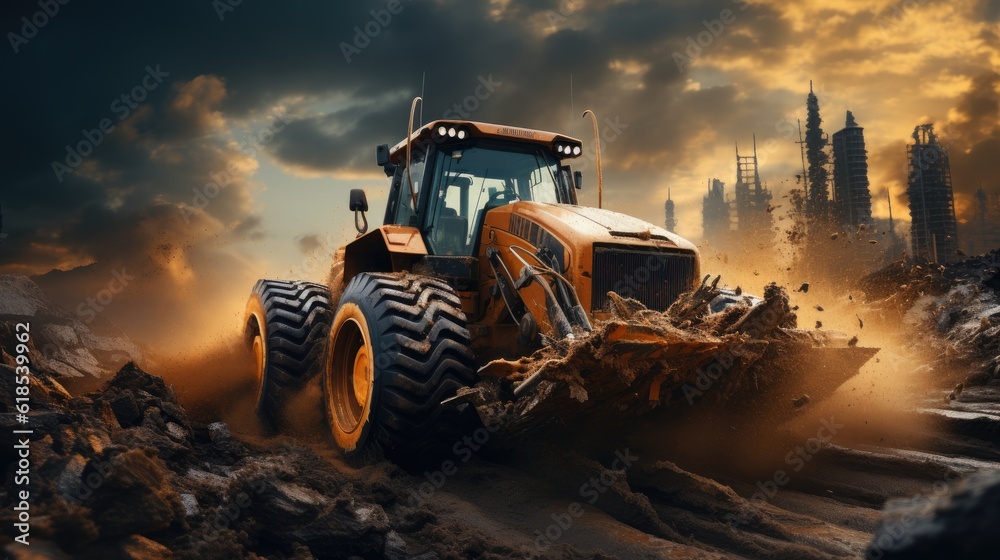 Wheel loader Excavator, A bulldozer or loader moves the earth at the construction site.