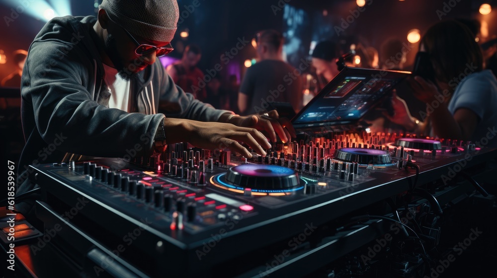 Close up of DJ hands on dj console mixer during concert in the night club, Having fun with fans in c