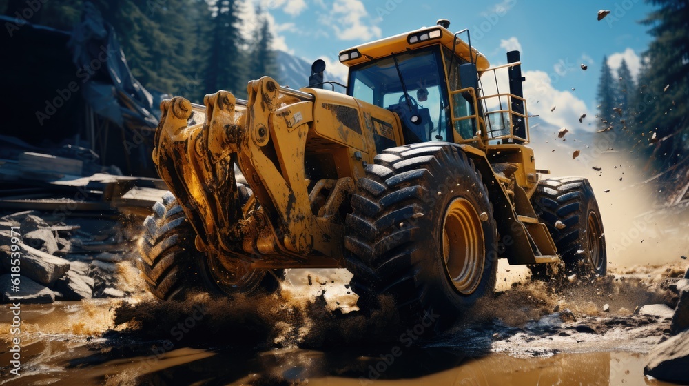 Wheel loader Excavator, A bulldozer or loader moves the earth at the construction site.