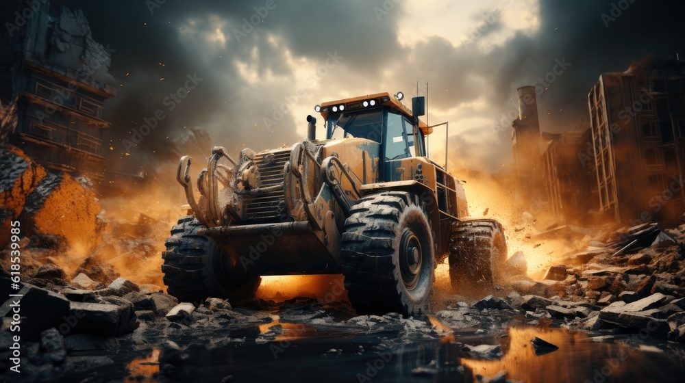 Wheel loader Excavator, A bulldozer or loader moves the earth at the construction site.