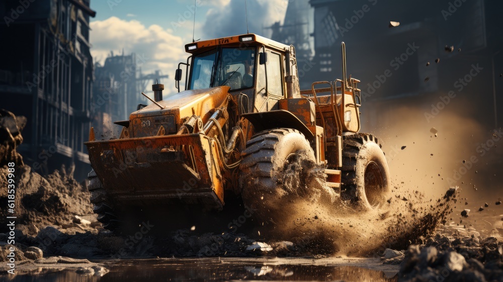 Wheel loader Excavator, A bulldozer or loader moves the earth at the construction site.