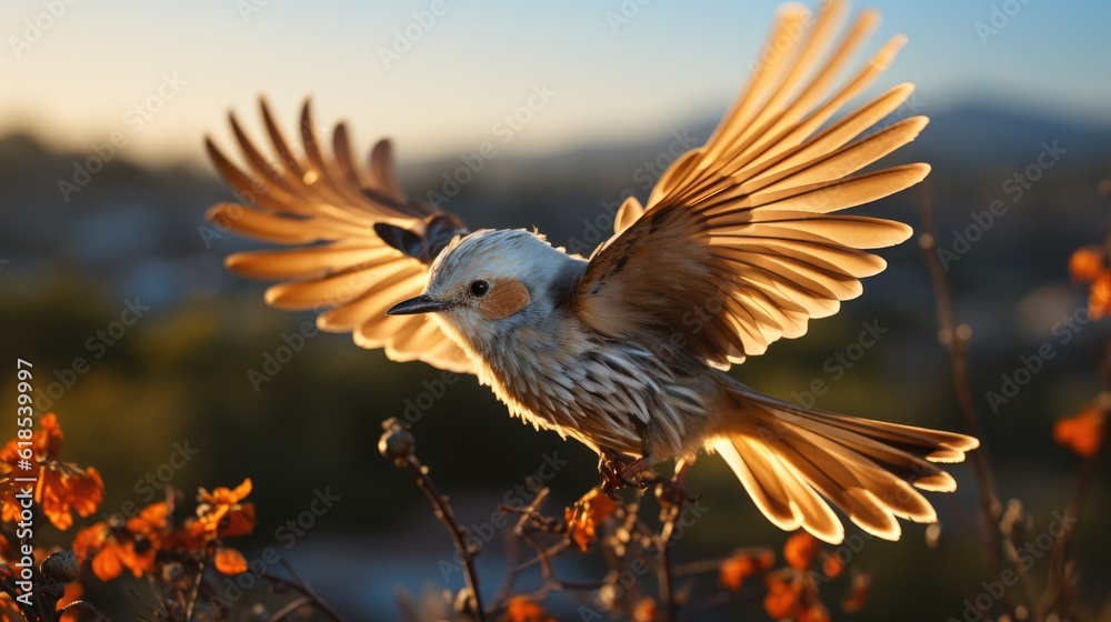 Closeup of the scissor-tailed flycatcher, Tyrannus forficatus flying against a nature background.