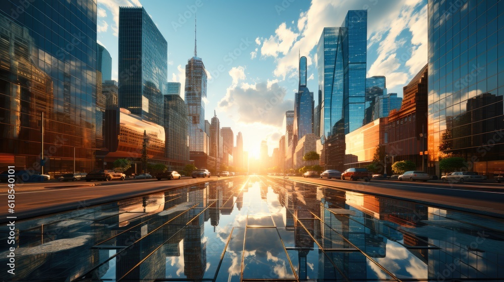 A vertical low angle shot of tall modern glass skyscrapers.