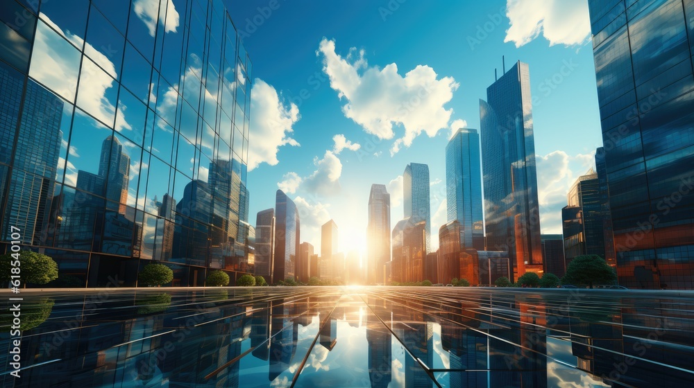 A vertical low angle shot of tall modern glass skyscrapers.