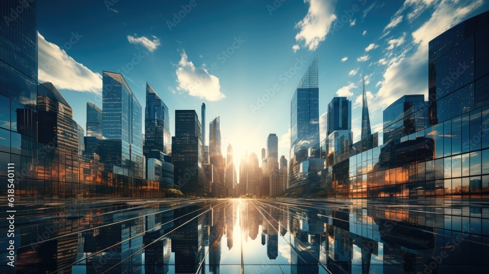 A vertical low angle shot of tall modern glass skyscrapers.