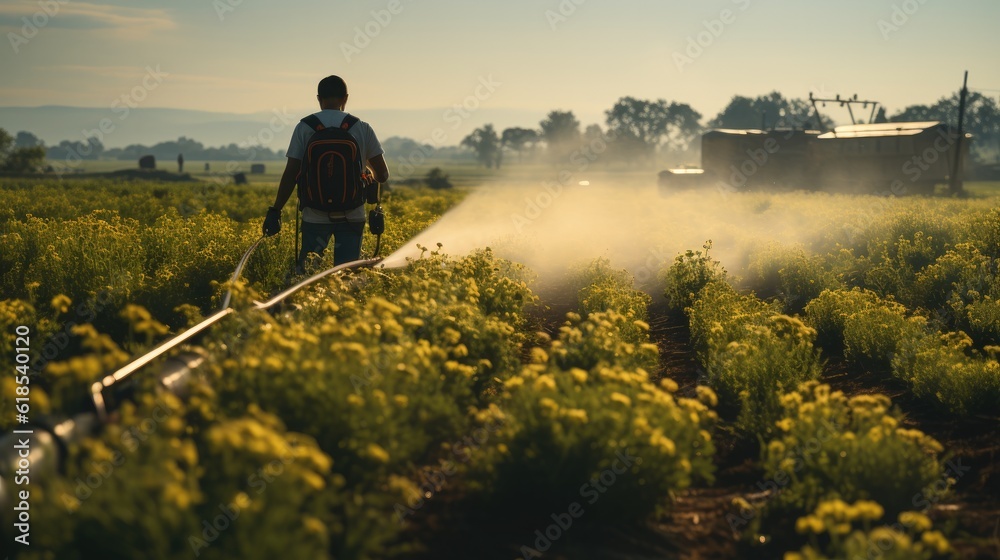 Asian farmers spray herbicides Farmers spray insecticides in garden.