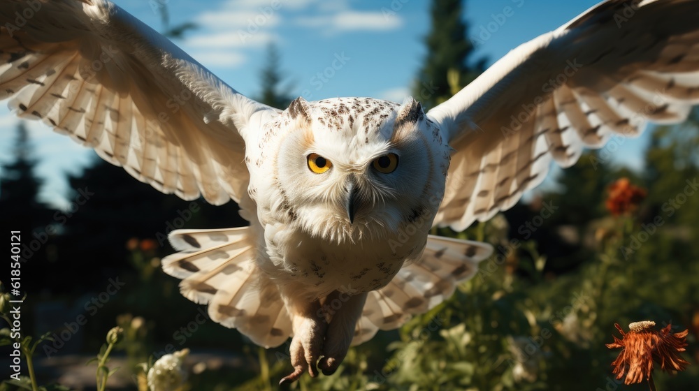 A white owl in flight with a nature background.