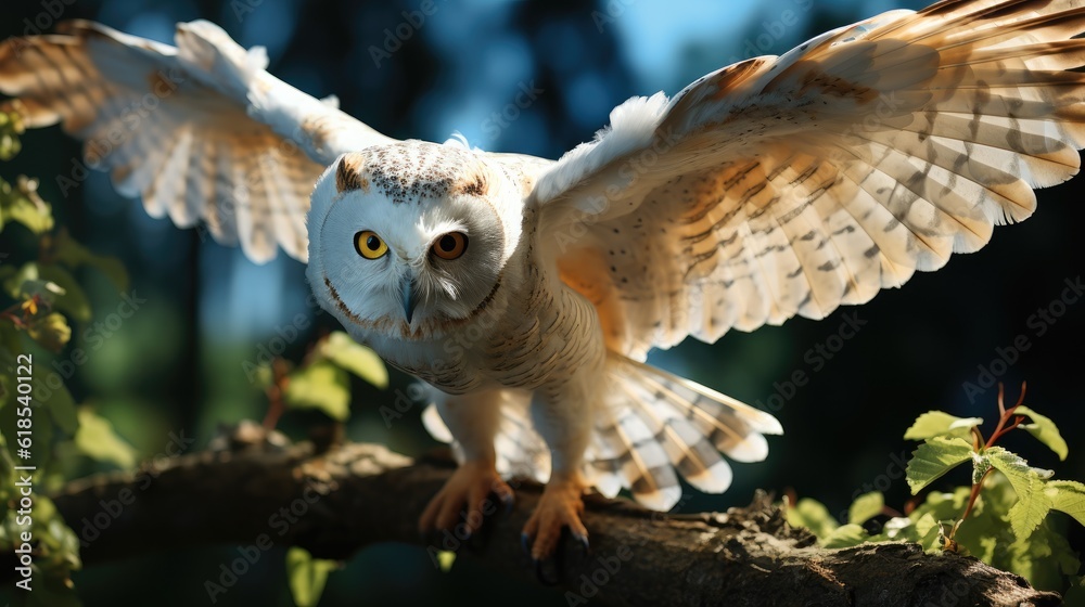 A white owl in flight with a nature background.