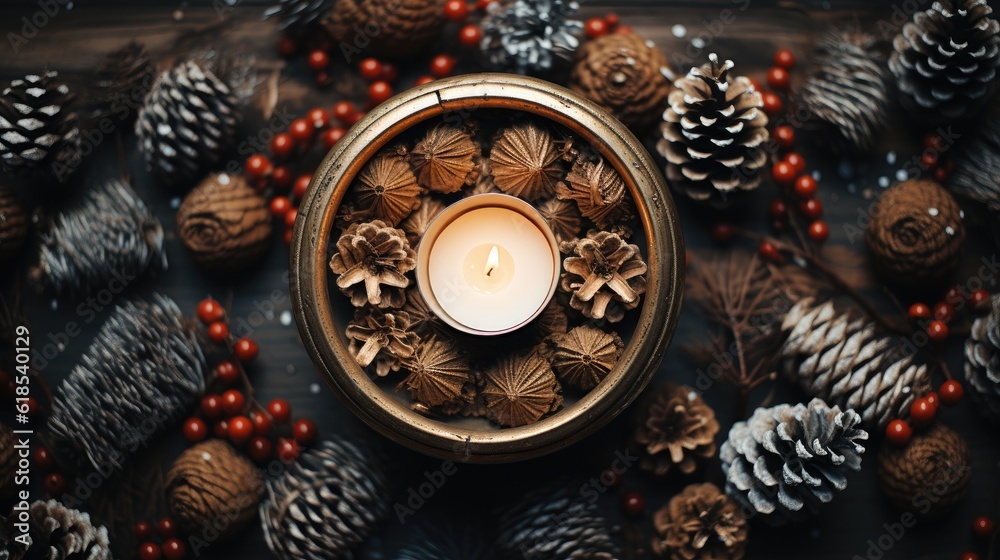 Top view of Christmas decoration with pine cones and candles, Christmas concept.