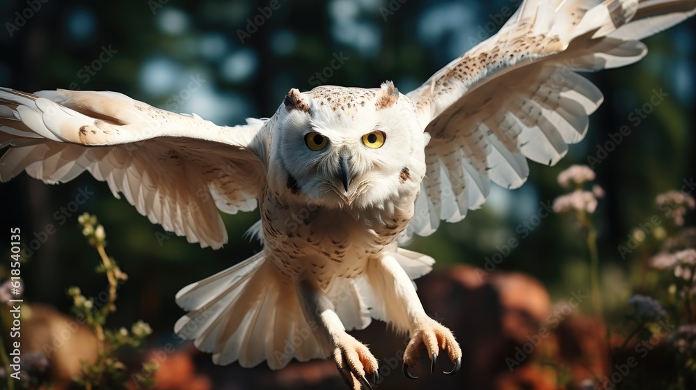 A white owl in flight with a nature background.