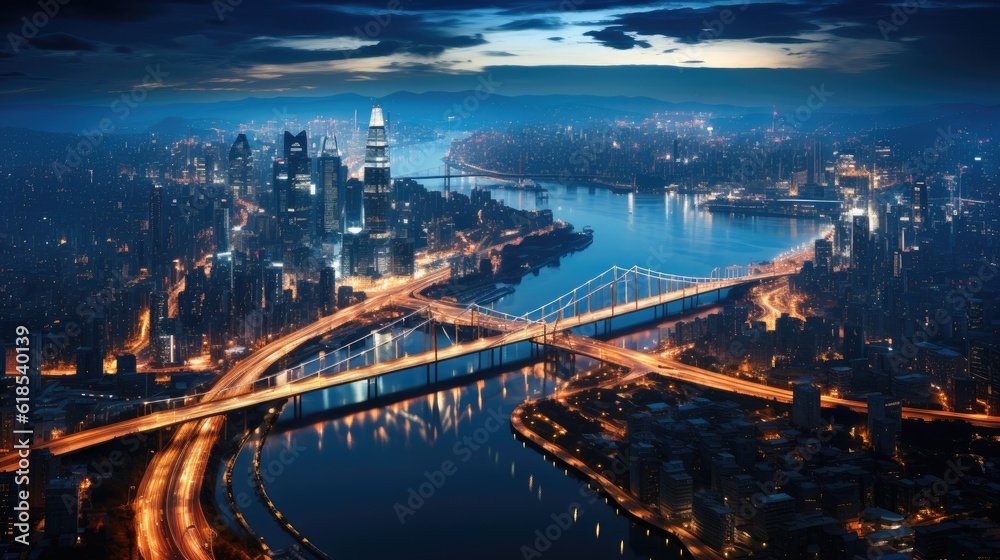 Aerial view of a bustling cityscape at night.