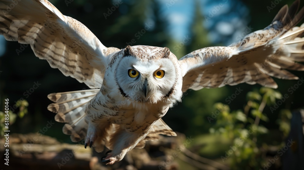 A white owl in flight with a nature background.