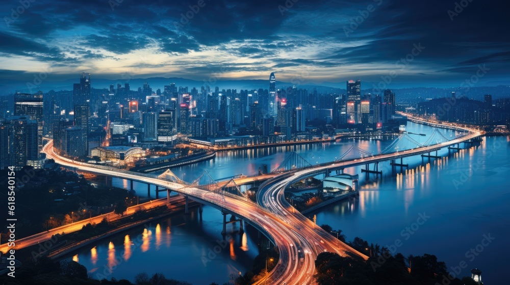 Aerial view of a bustling cityscape at night.